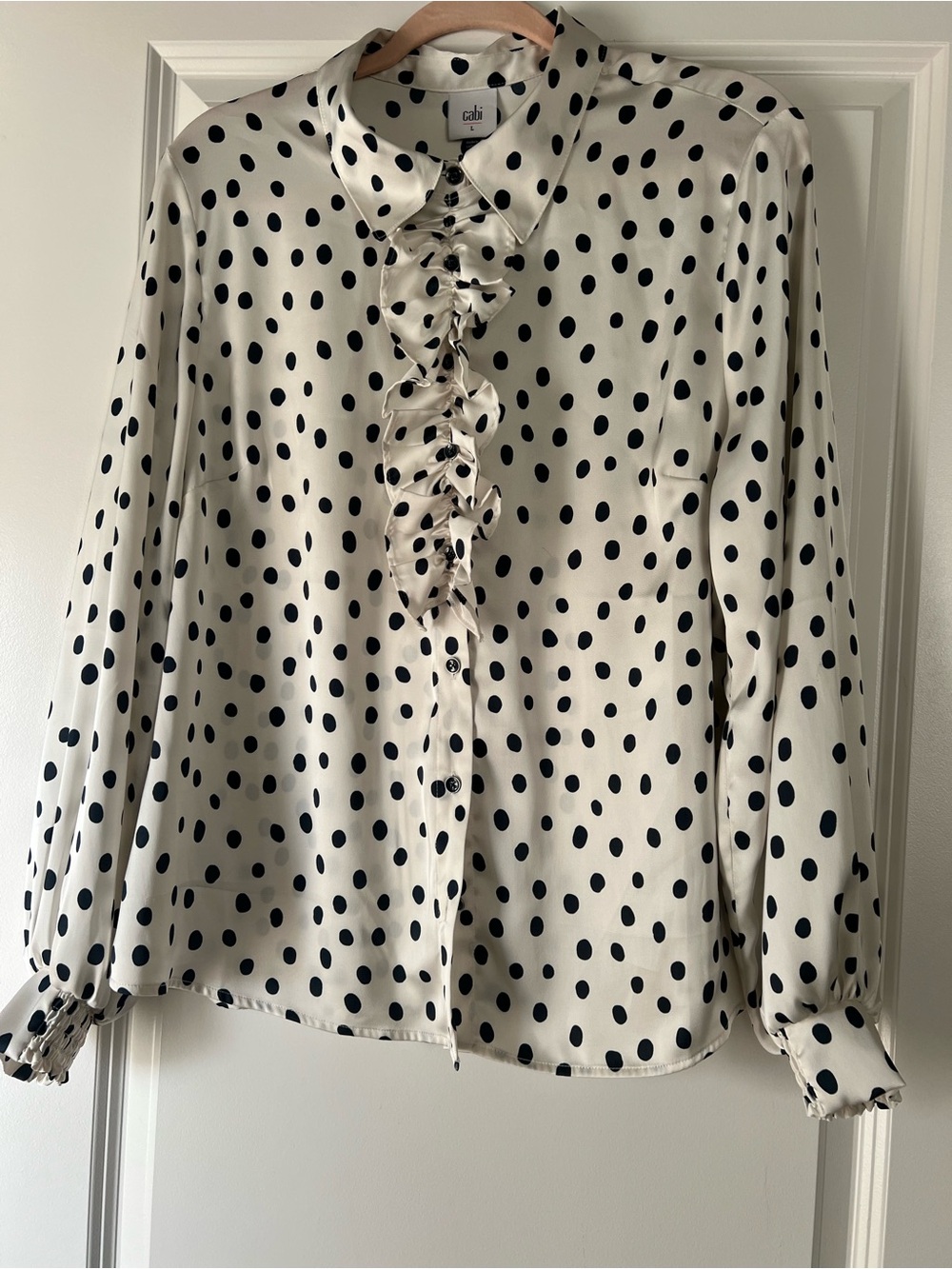 CAbi Cream and Navy Polka Dot Ruffle Front Blouse